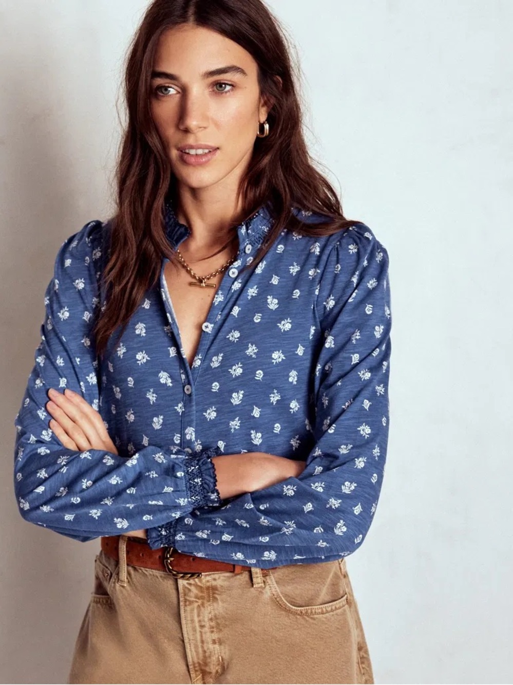 Boden - Blue Floral Effie Smocked Detail Button Down Long Sleeve Blouse Size 6